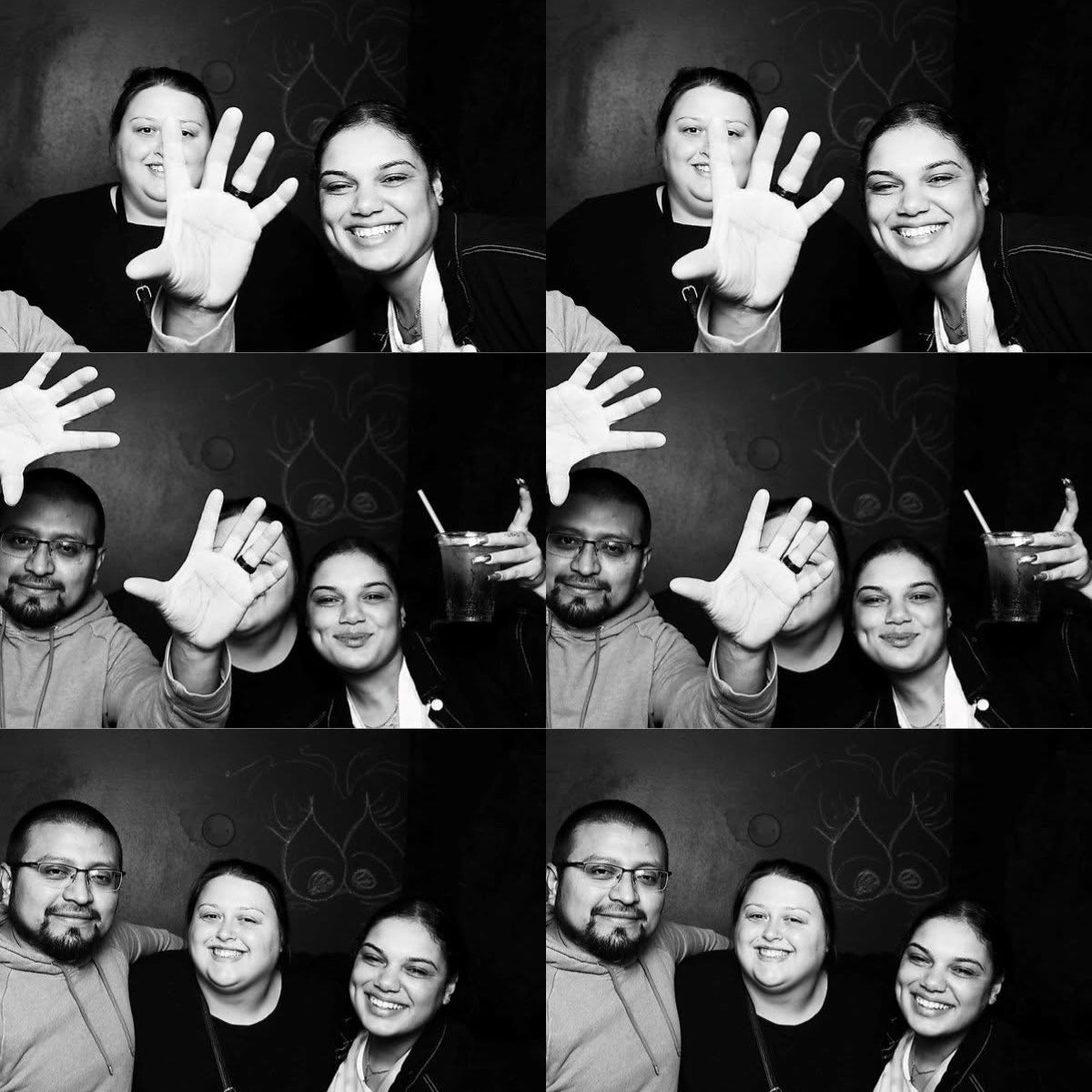 A 6-panel black and white photo strip showing people posing and waving, with two red-and-blue Boothista event badges and the Boothista name printed below on a white background.