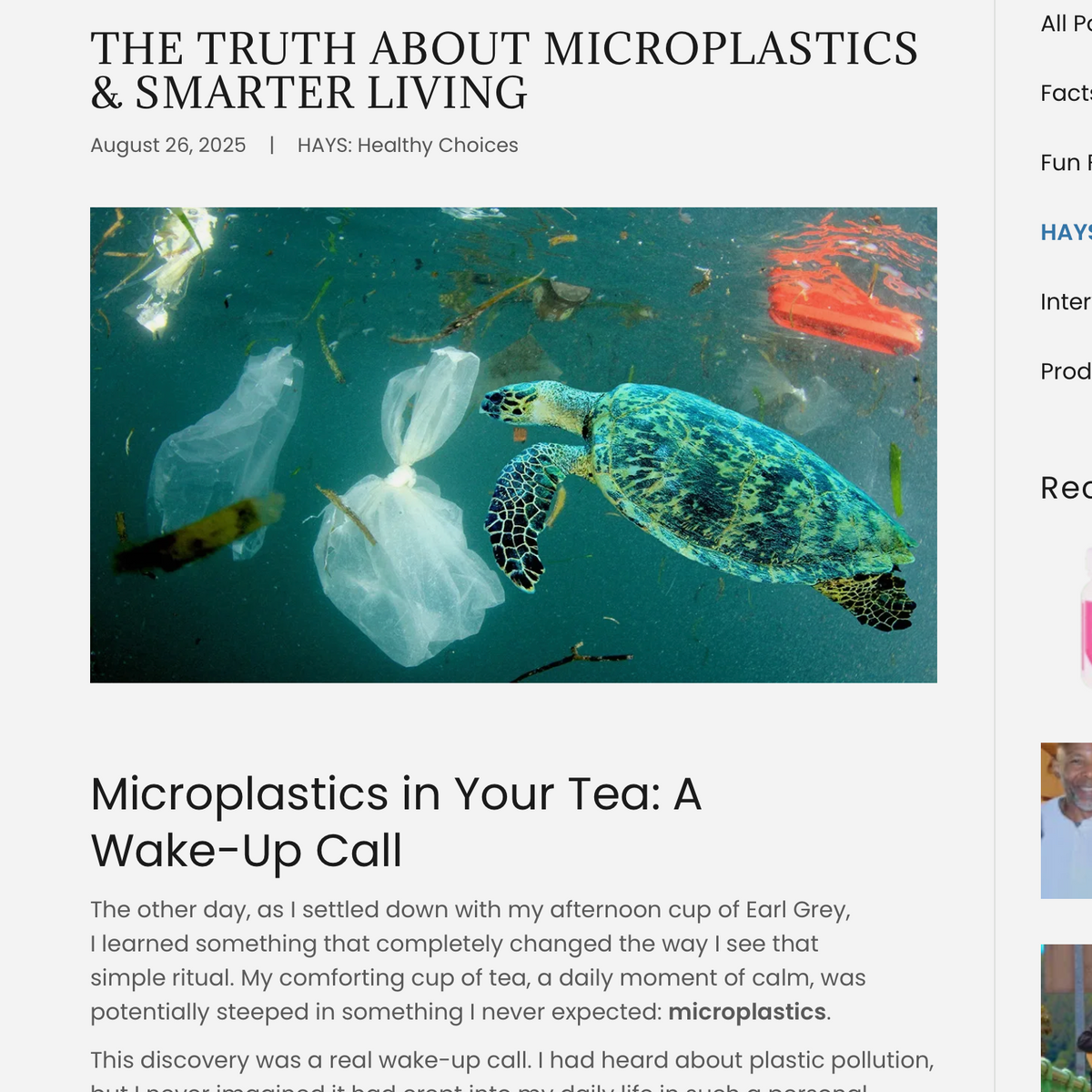 A screenshot of a blog or article page titled "The Truth About Microplastics & Smarter Living" with a photo of a sea turtle in plastic debris, sidebar posts on the right, and article text below.